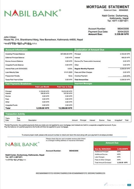 Download Nepal Nabil Bank mortgage statement Word and PDF template Photoshop template